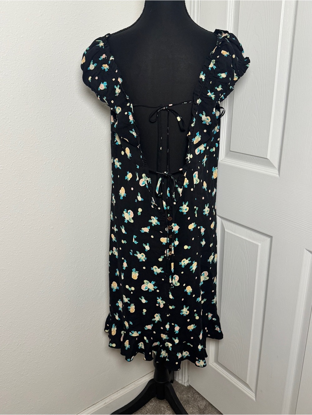 Free People Like A Lady Mini Dress Black Floral Open Back Tie Large - Picture 3 of 4